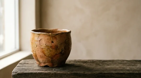 Handcrafted ceramic vessel with natural imperfections and organic patina showcasing wabi-sabi aesthetic