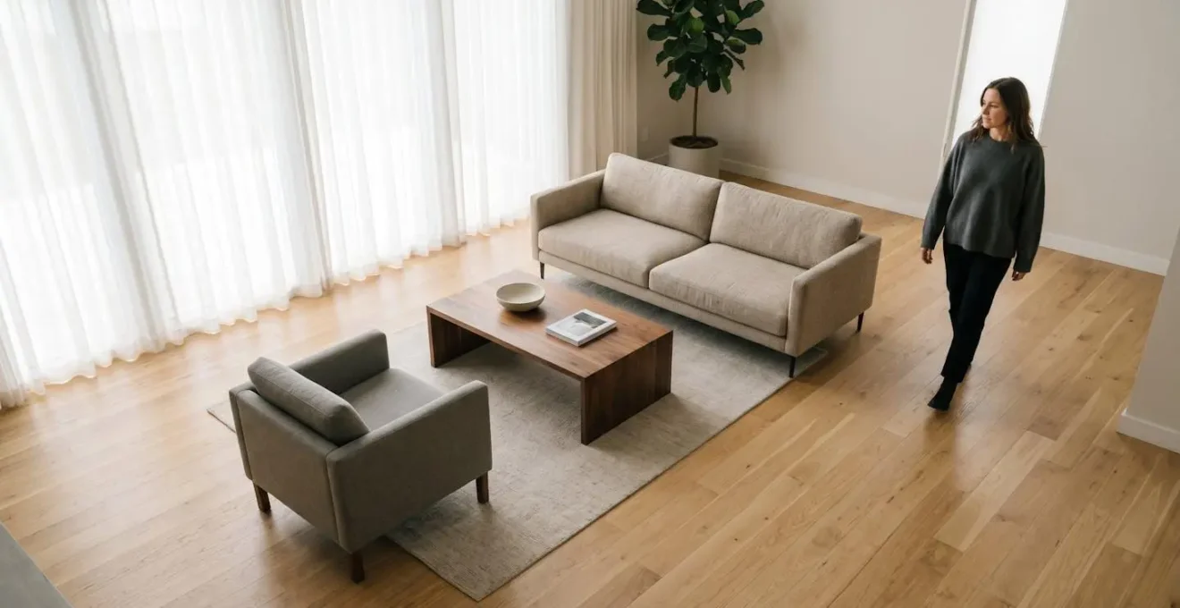 Wide-angle view of minimalist living room showing optimal furniture spacing and circulation paths