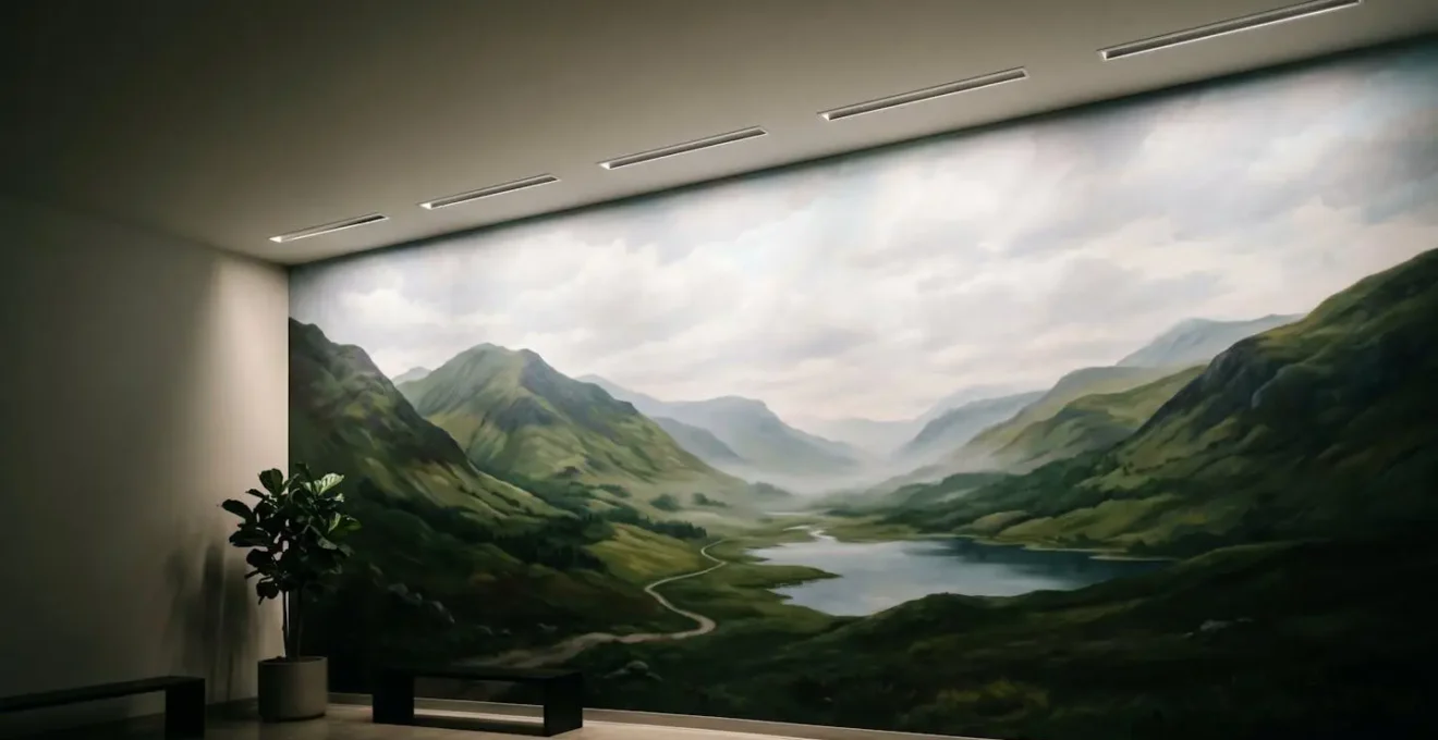 Modern recessed ceiling lights creating even wall washing effect on large landscape mural without hotspots