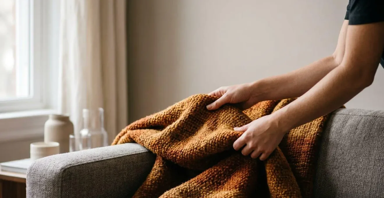 Close-up of hands arranging vibrant warm-toned textile accents in a cozy winter interior setting