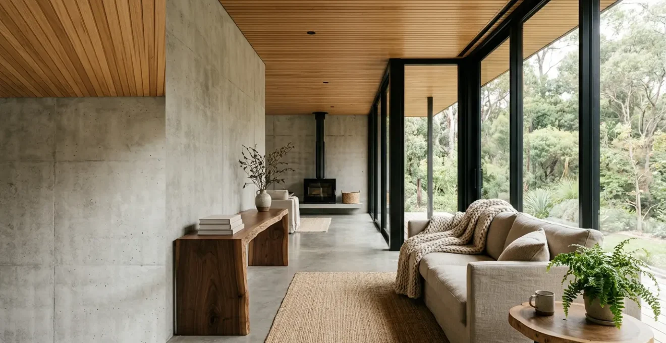 Modern minimalist living room with clean lines enhanced by warm wood accents and soft textile layers