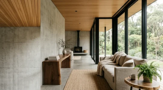 Modern minimalist living room with clean lines enhanced by warm wood accents and soft textile layers