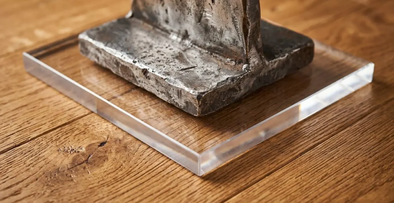 Clear acrylic platform distributing the weight of a heavy sculpture to protect a hardwood floor, with visible pressure dispersion.