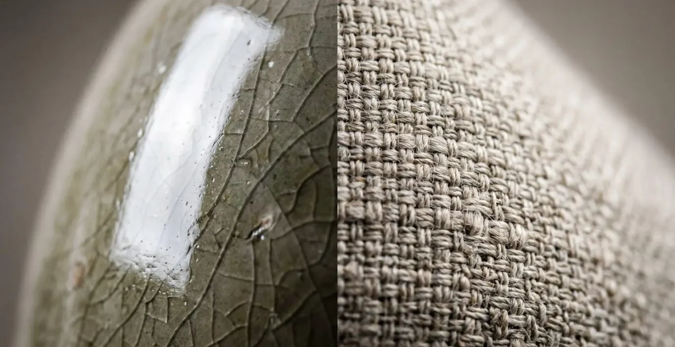 Extreme close-up macro detail comparison of ceramic glaze texture and hand-woven textile fibers illustrating material investment qualities