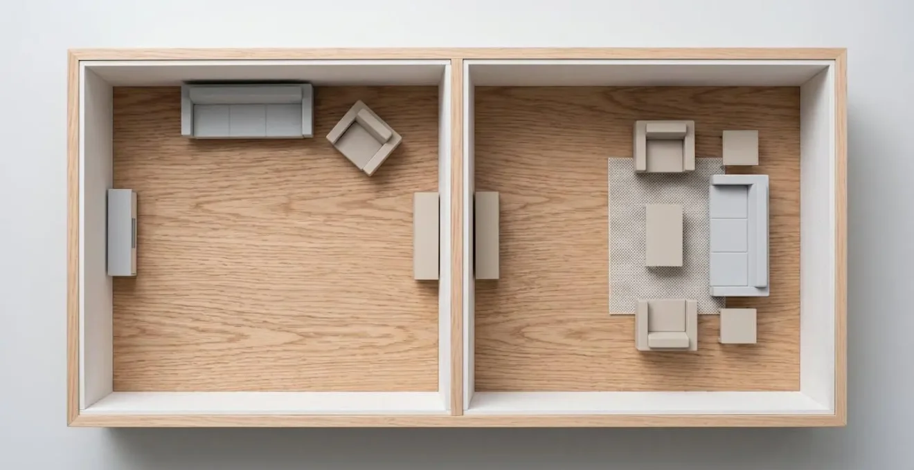 Architectural floor plan comparison showing furniture against walls versus centered floating arrangement with rug anchor