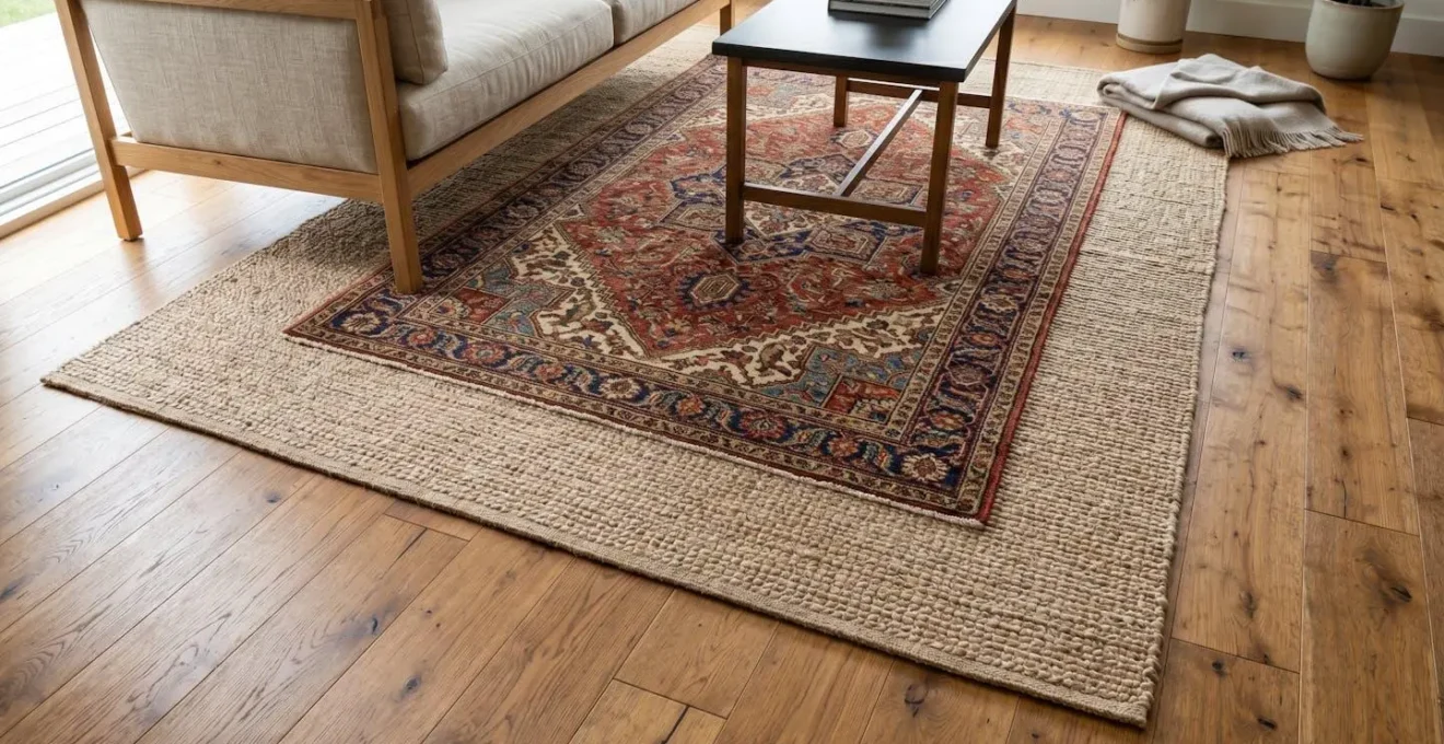 Layered rug arrangement showing large natural fiber base rug with smaller patterned accent rug positioned on top in living room