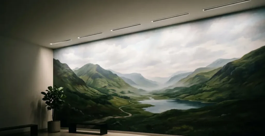 Modern recessed ceiling lights creating even wall washing effect on large landscape mural without hotspots